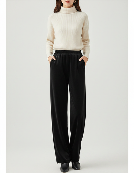 Pantalon Velours Noir Ample Taille Haute Confortable