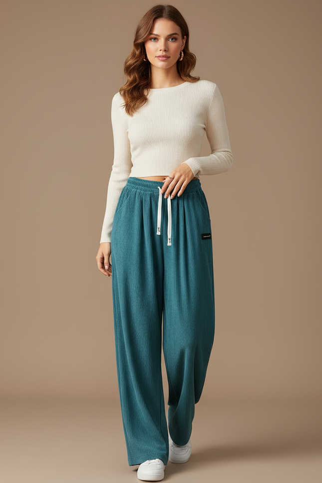 Pantalon Velours Côtelé Ample Décontracté Bleu Canard - Cordé