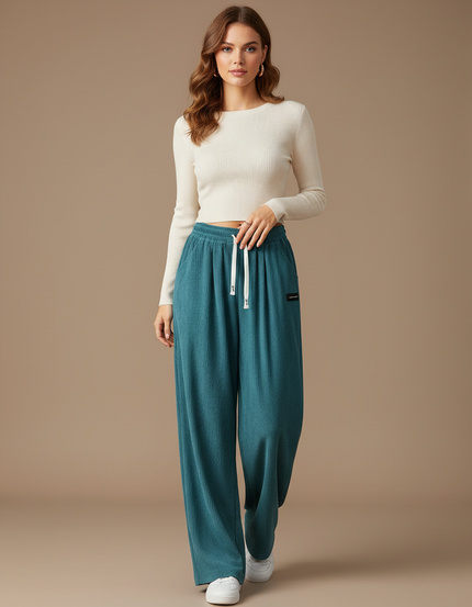 Pantalon Velours Côtelé Ample Décontracté Bleu Canard - Cordé