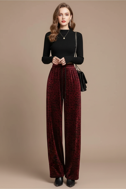 Pantalon Velours Léopard Rouge Ample Taille Haute Femme - Bordeaux