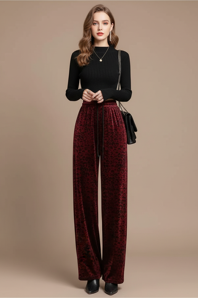 Pantalon Velours Léopard Rouge Ample Taille Haute Femme - Bordeaux