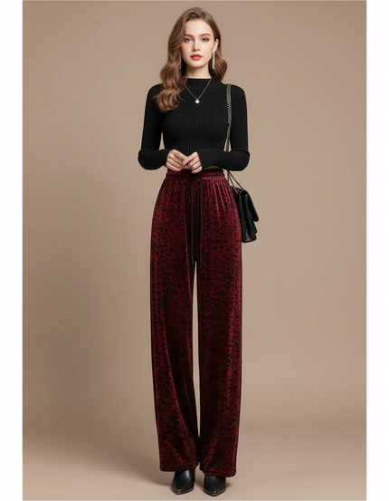 Pantalon Velours Léopard Rouge Ample Taille Haute Femme - Bordeaux