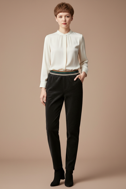 Pantalon Velours Noir Côtelé Taille Élastique Femme - Cordé