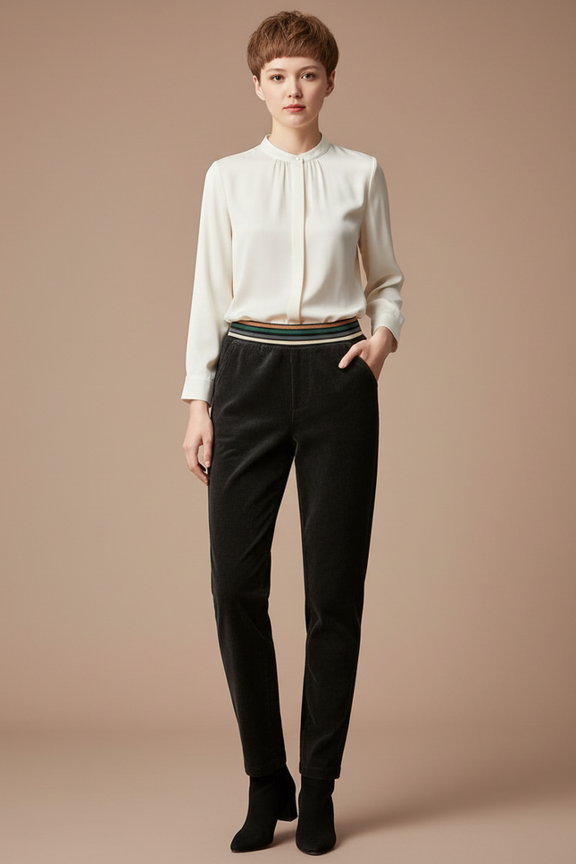 Pantalon Velours Noir Côtelé Taille Élastique Femme - Cordé