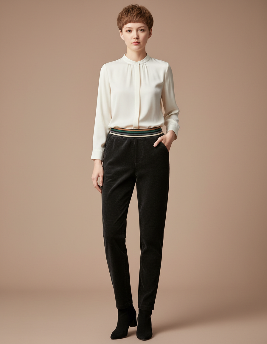 Pantalon Velours Noir Côtelé Taille Élastique Femme - Cordé
