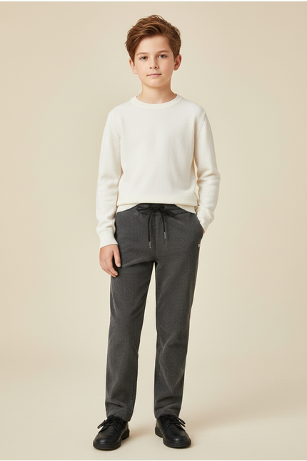 Pantalon Velours Côtelé Gris Garçon Droit Décontracté - Cordé