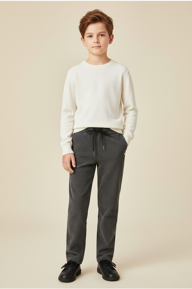 Pantalon Velours Côtelé Gris Garçon Droit Décontracté - Cordé