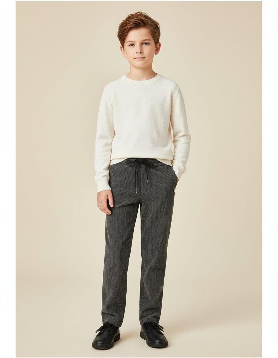 Pantalon Velours Côtelé Gris Garçon Droit Décontracté - Cordé