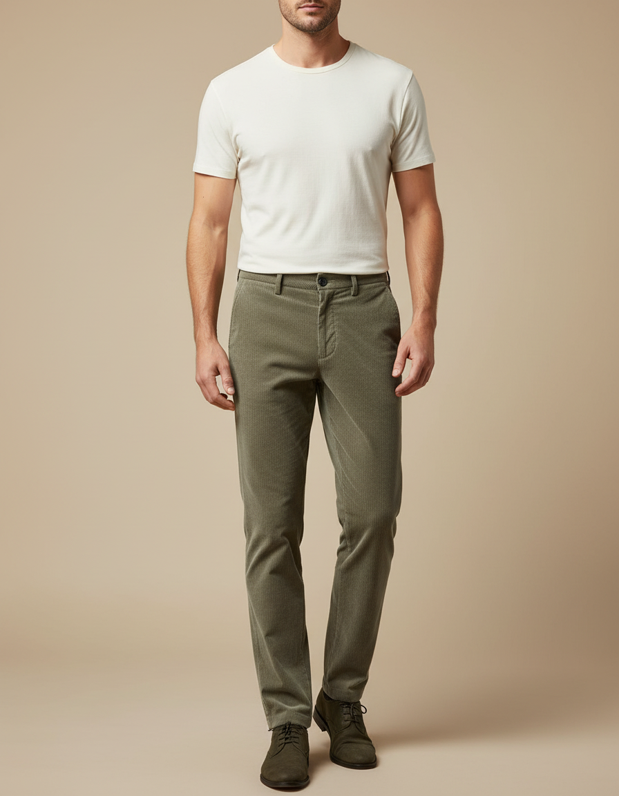 Pantalon Velour Vert Homme - Kaki Cordé