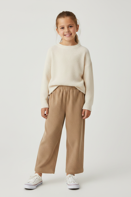 Pantalon Velours Marron Ample Côtelé Enfant Fille - Beige Cordé