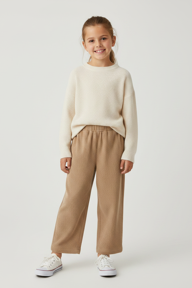 Pantalon Velours Marron Ample Côtelé Enfant Fille - Beige Cordé