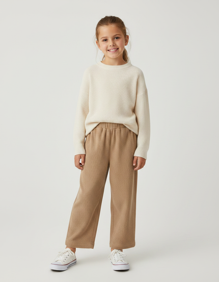 Pantalon Velours Marron Ample Côtelé Enfant Fille - Beige Cordé