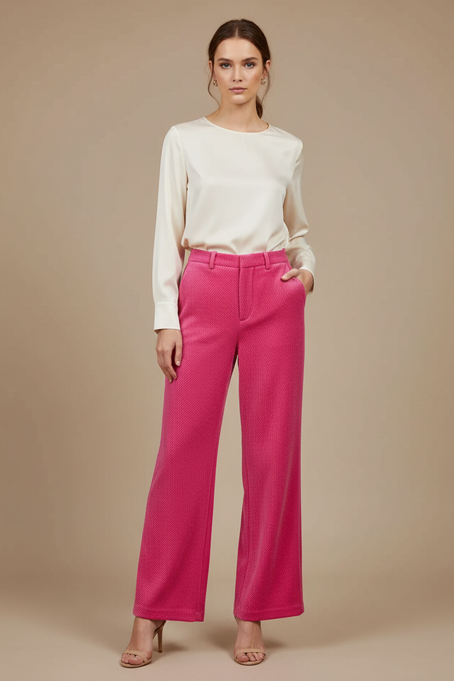 Pantalon Velours Fuschia Large Côtelé Élégant Femme - Rose Cordé
