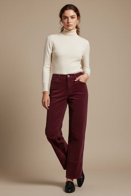 Pantalon Velours Bordeaux Côtelé Droit Décontracté Femme - Cordé