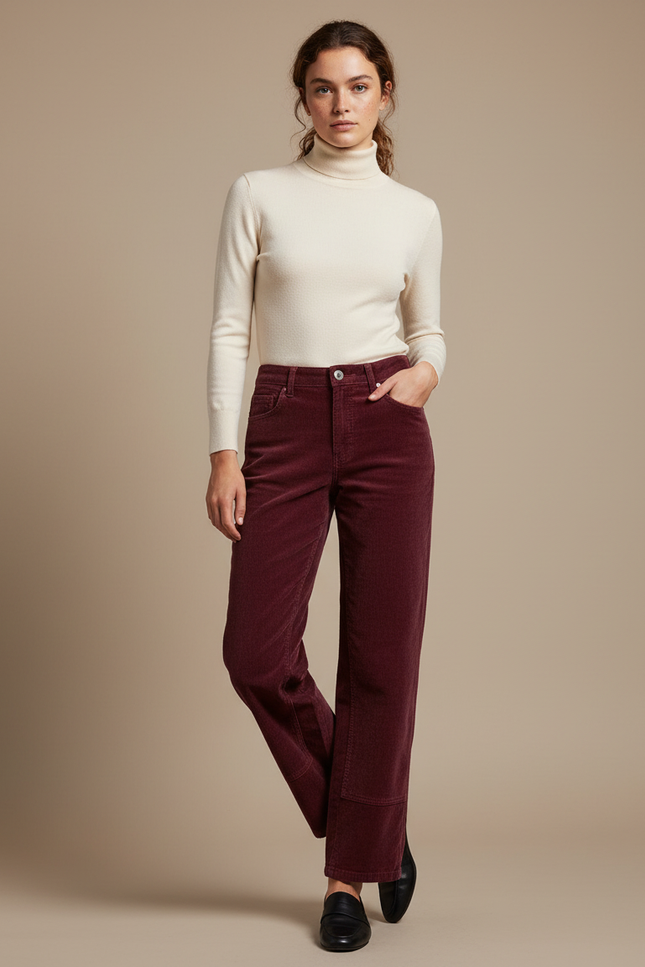 Pantalon Velours Bordeaux Côtelé Droit Décontracté Femme - Cordé