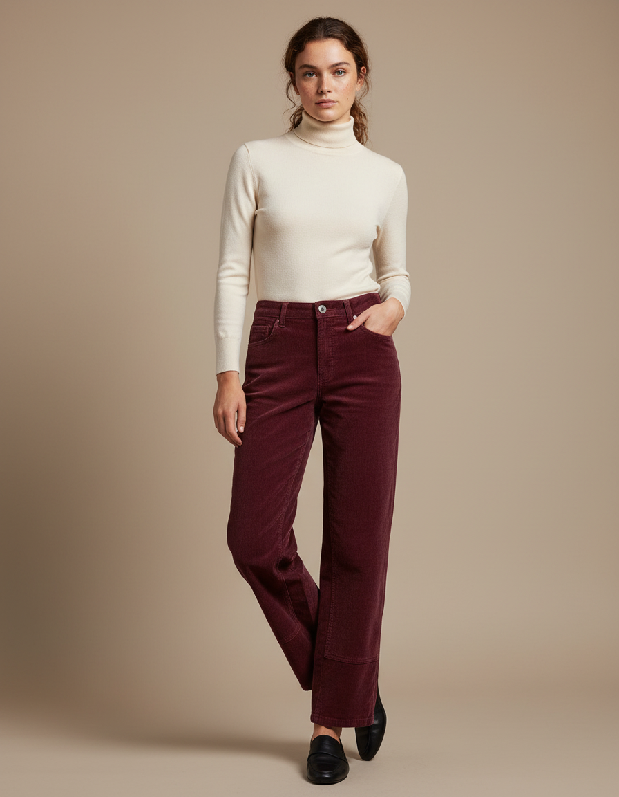Pantalon Velours Bordeaux Côtelé Droit Décontracté Femme - Cordé
