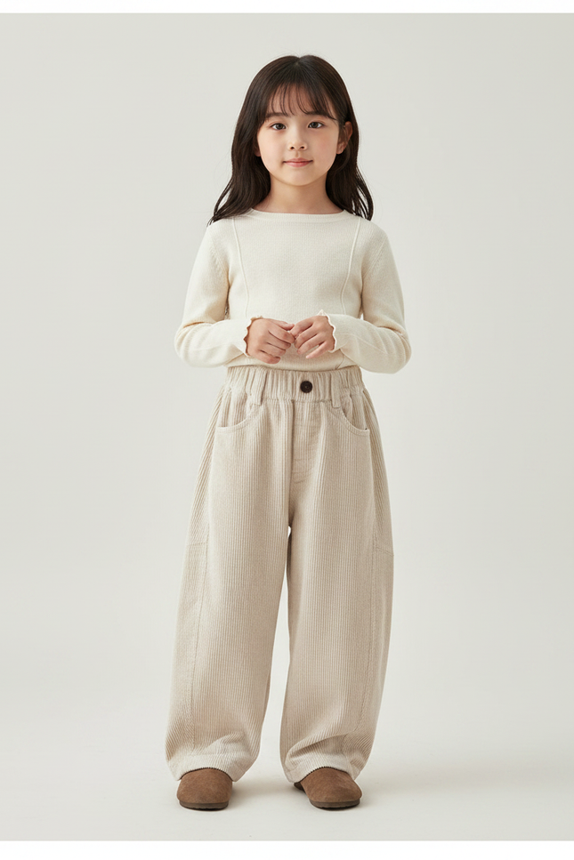 Pantalon Velours Beige Ample Côtelé Décontracté Enfant - Cordé
