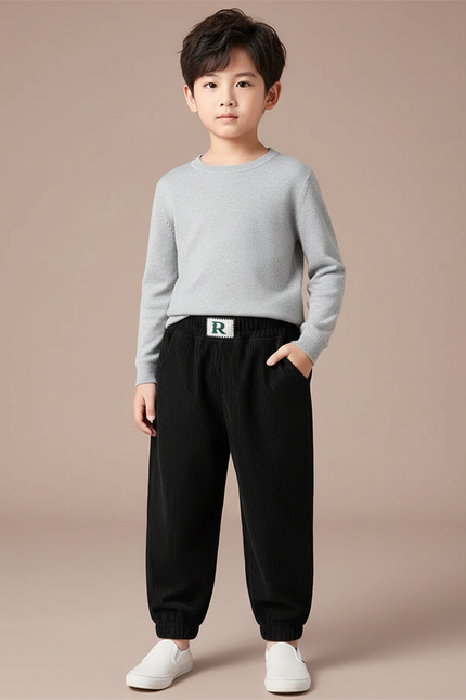 Pantalon Velours Noir Côtelé Ample Élastiqué Enfant - Cordé