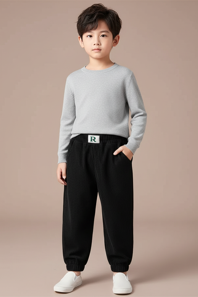 Pantalon Velours Noir Côtelé Ample Élastiqué Enfant - Cordé