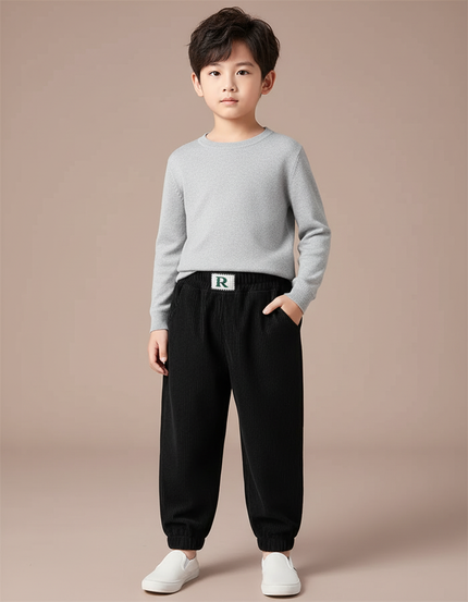 Pantalon Velours Noir Côtelé Ample Élastiqué Enfant - Cordé