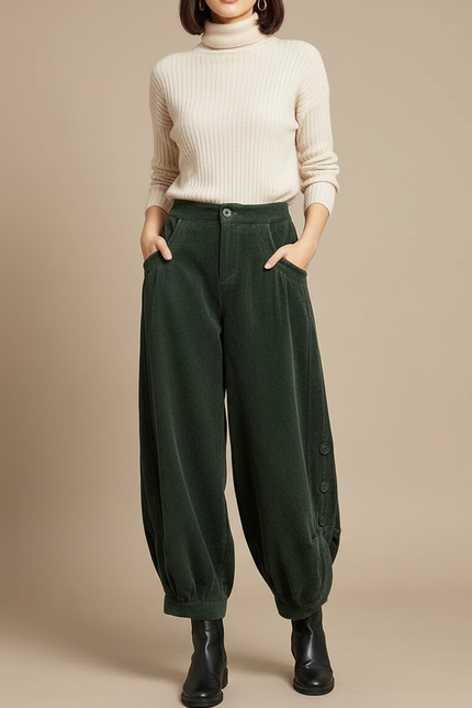 Pantalon Velours Côtelé Vert Ample Harem Boutons - Cordé