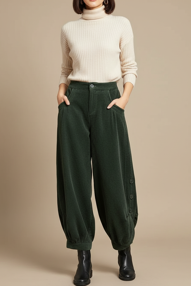 Pantalon Velours Côtelé Vert Ample Harem Boutons - Cordé