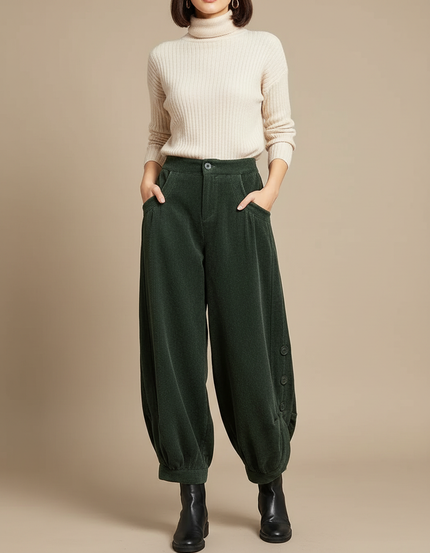 Pantalon Velours Côtelé Vert Ample Harem Boutons - Cordé