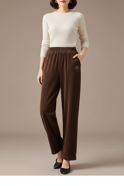 Pantalon Velours Côtelé Marron Ample Épais Femme - Cordé