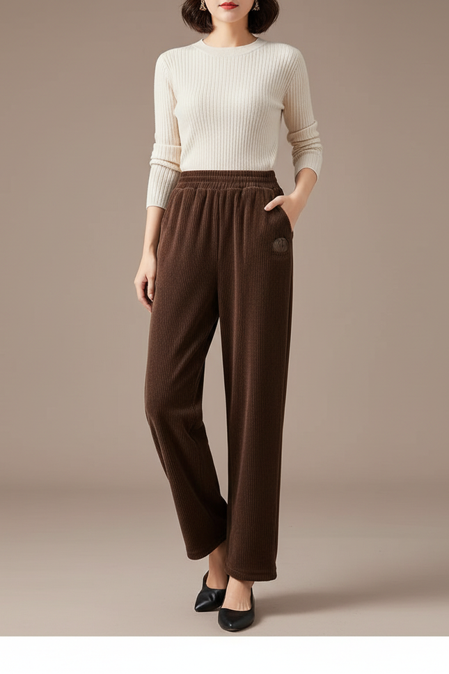 Pantalon Velours Côtelé Marron Ample Épais Femme - Cordé