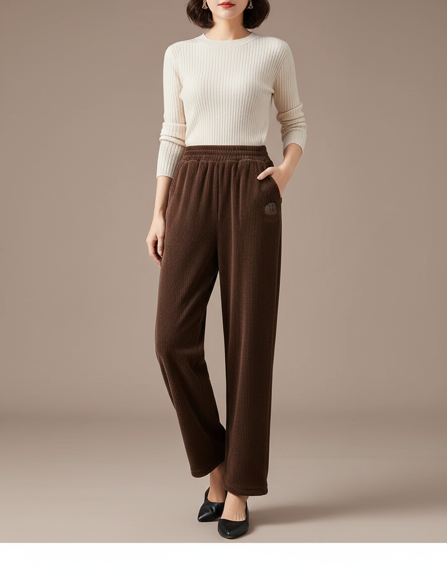 Pantalon Velours Côtelé Marron Ample Épais Femme - Cordé