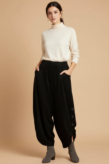 Pantalon Velours Côtelé Noir Ample Harem Boutons - Cordé