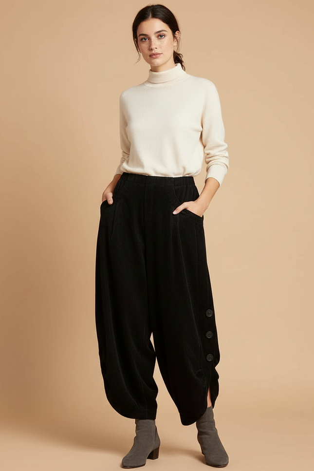 Pantalon Velours Côtelé Noir Ample Harem Boutons - Cordé