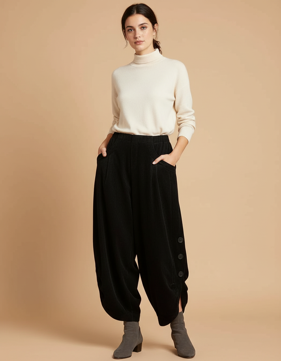Pantalon Velours Côtelé Noir Ample Harem Boutons - Cordé