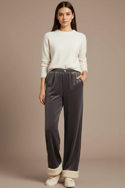 Pantalon Velours Gris Molletonné Large Femme