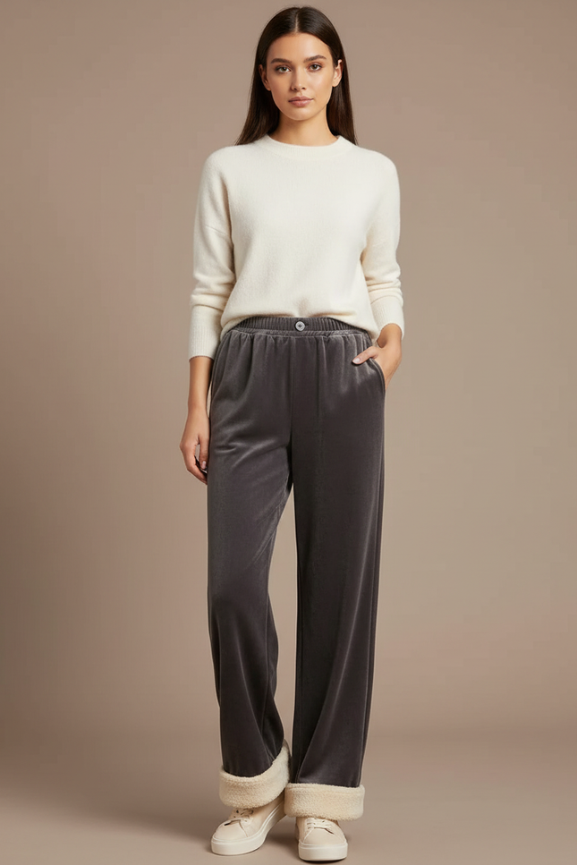 Pantalon Velours Gris Molletonné Large Femme