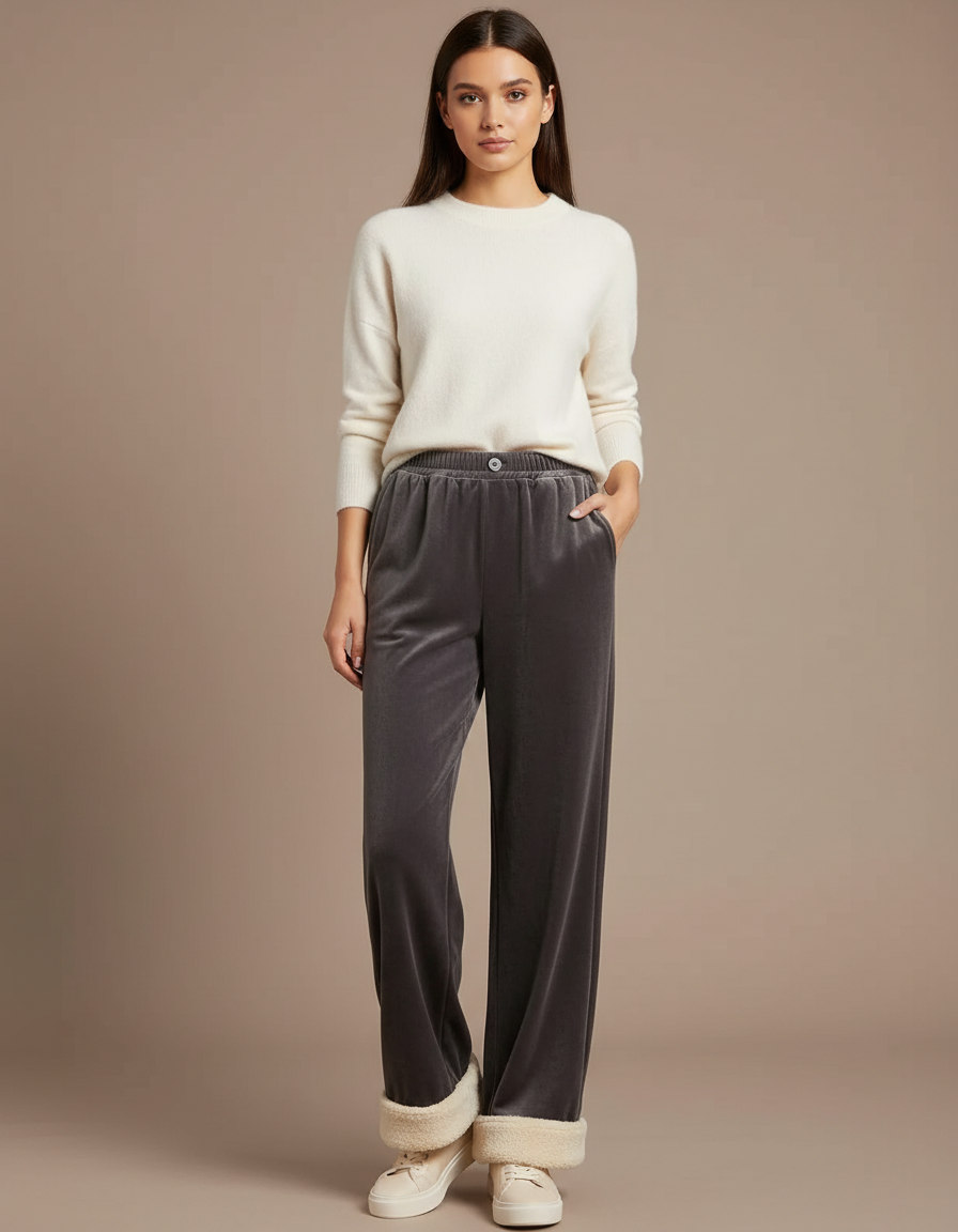 Pantalon Velours Gris Molletonné Large Femme