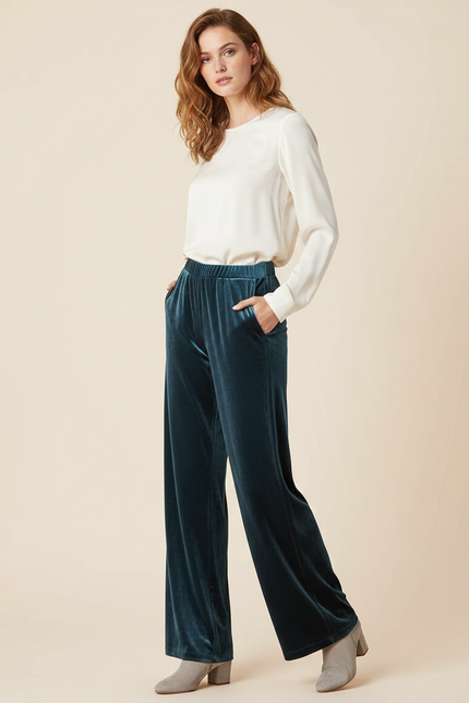 Pantalon Velours Vert Émeraude Fluide Ample Élégant Femme