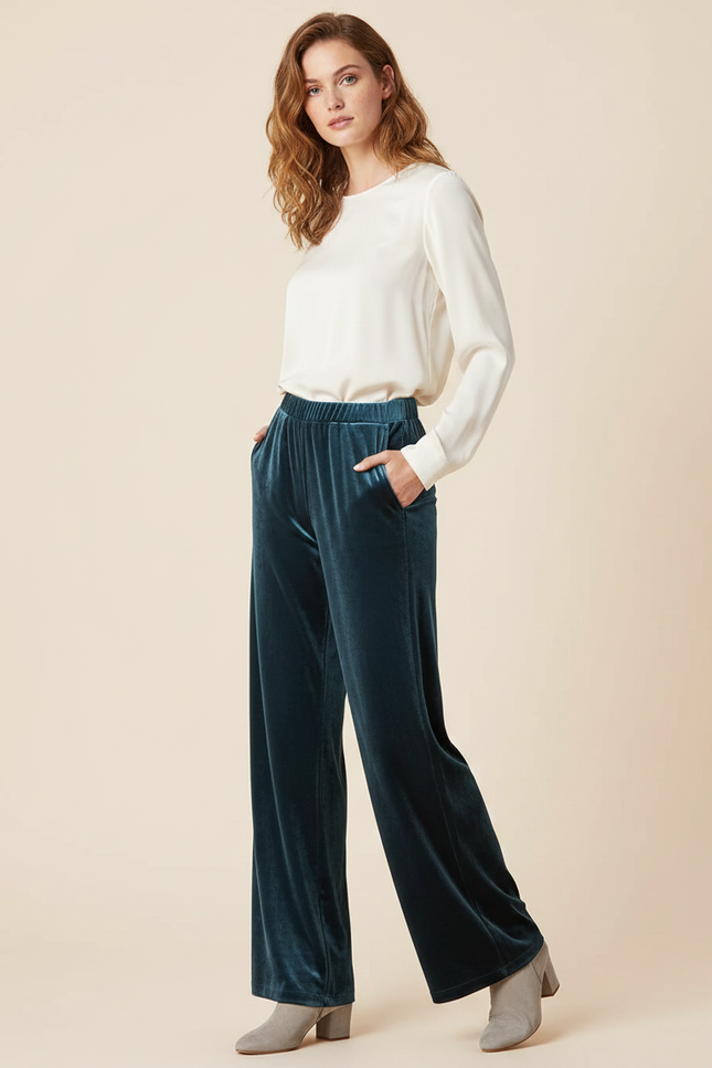 Pantalon Velours Vert Émeraude Fluide Ample Élégant Femme