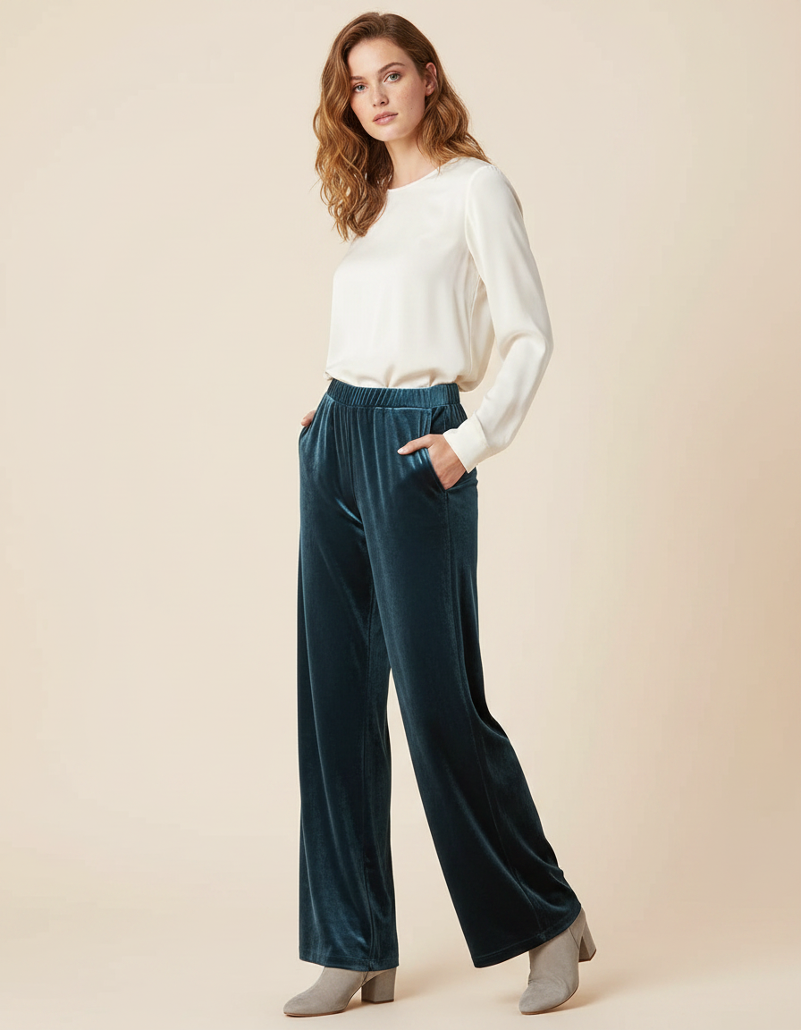 Pantalon Velours Vert Émeraude Fluide Ample Élégant Femme