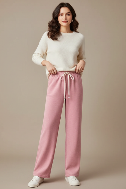 Pantalon Velours Rose Droit Taille Haute Décontracté