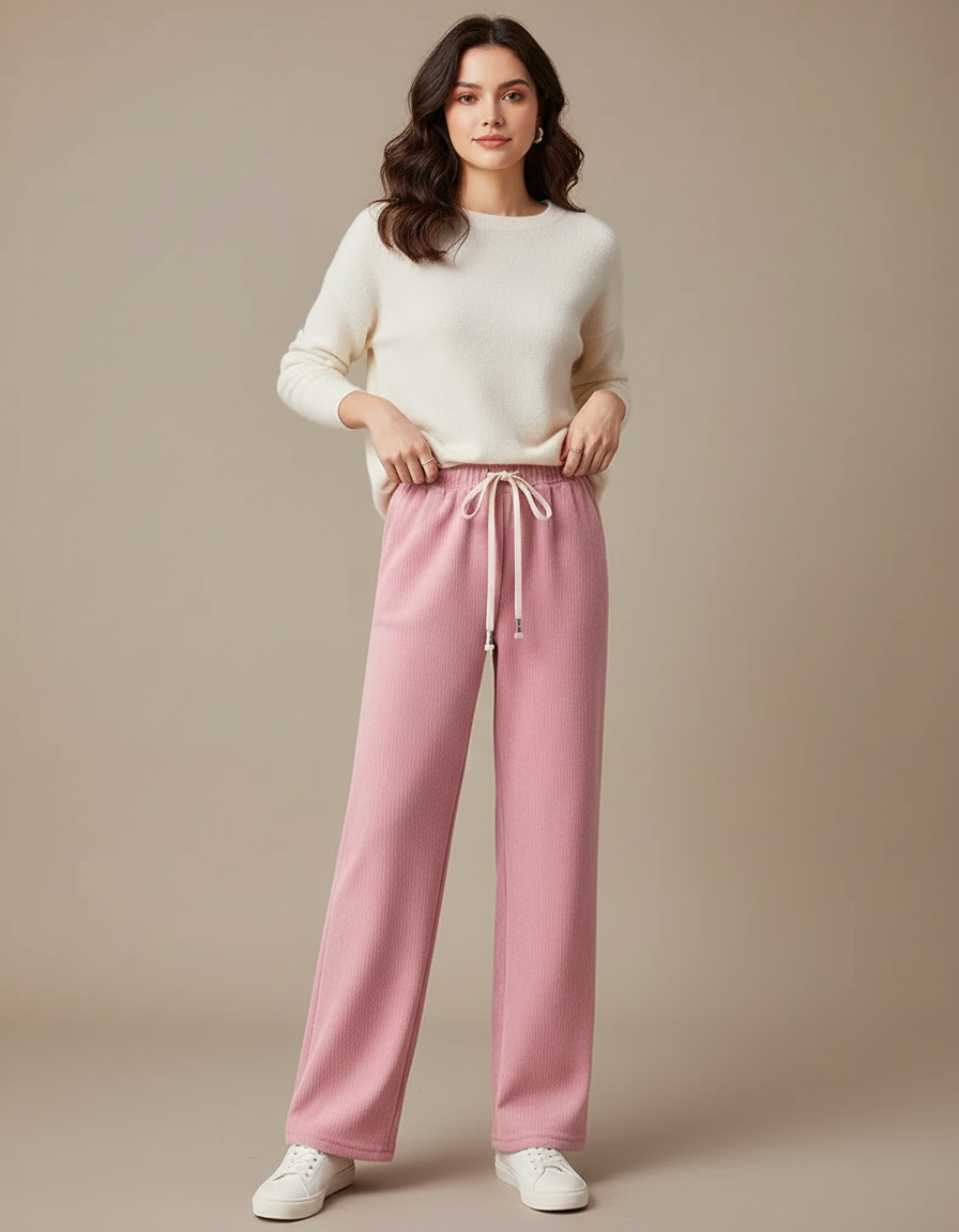 Pantalon Velours Rose Droit Taille Haute Décontracté