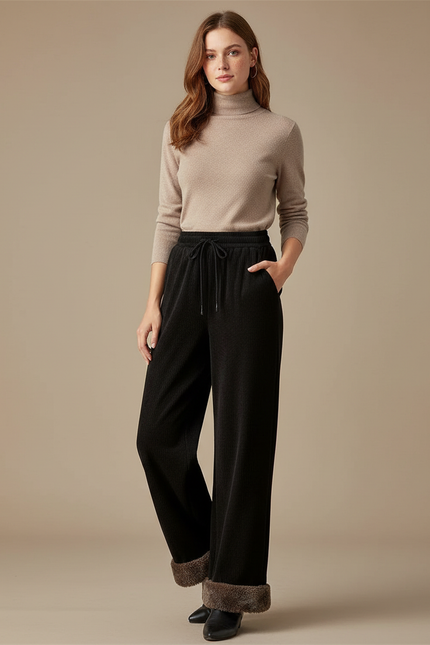 Pantalon Velours Noir Large Doublé Chaud Femme
