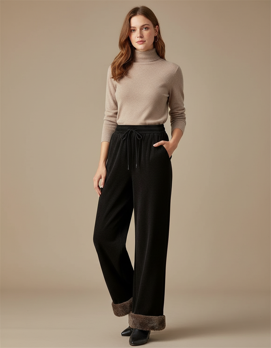 Pantalon Velours Noir Large Doublé Chaud Femme