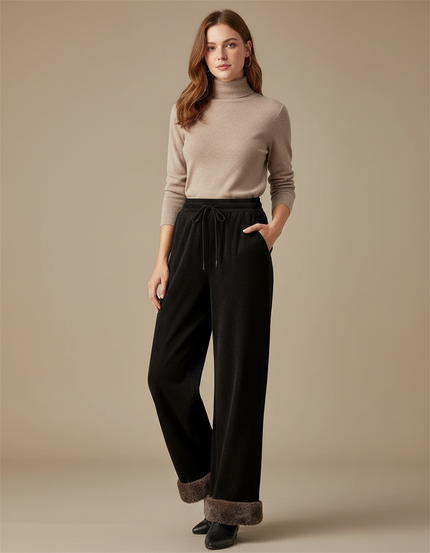 Pantalon Velours Noir Large Doublé Chaud Femme