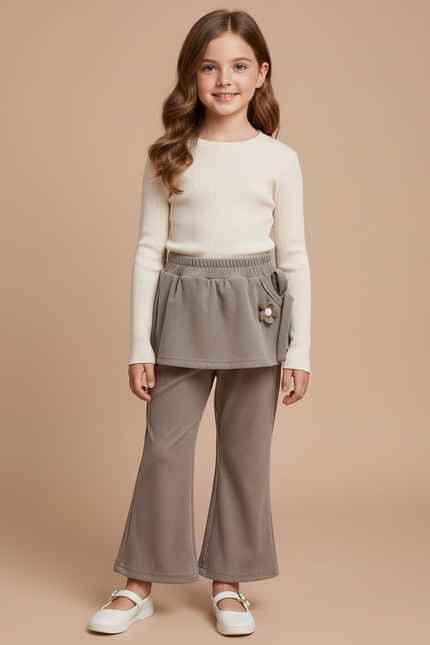 Pantalon Velours Gris Côtelé Ample Jupe Fleur Fille