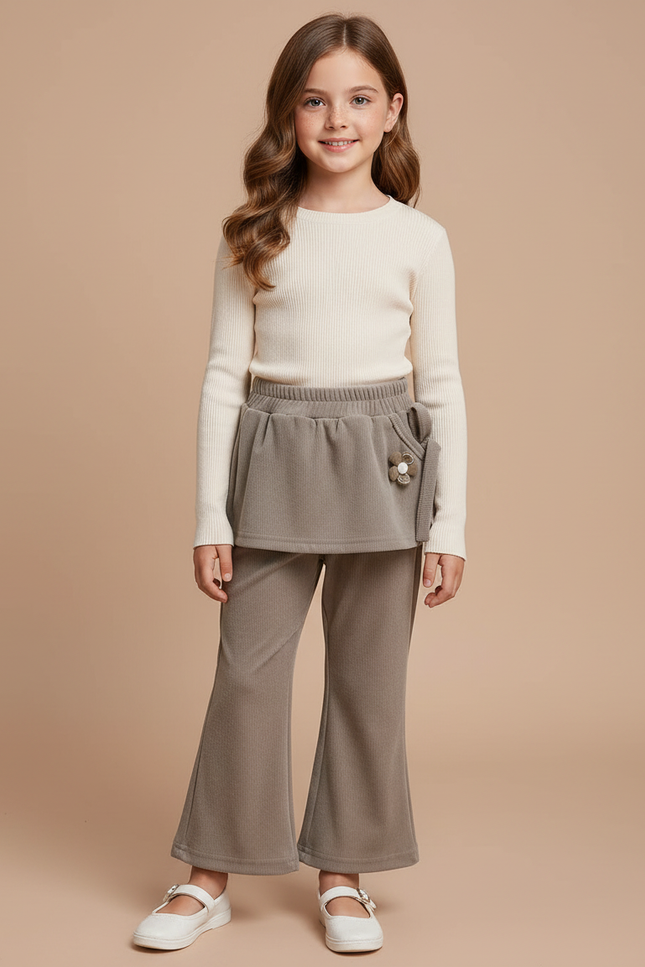 Pantalon Velours Gris Côtelé Ample Jupe Fleur Fille