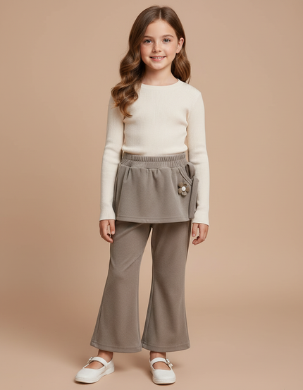 Pantalon Velours Gris Côtelé Ample Jupe Fleur Fille