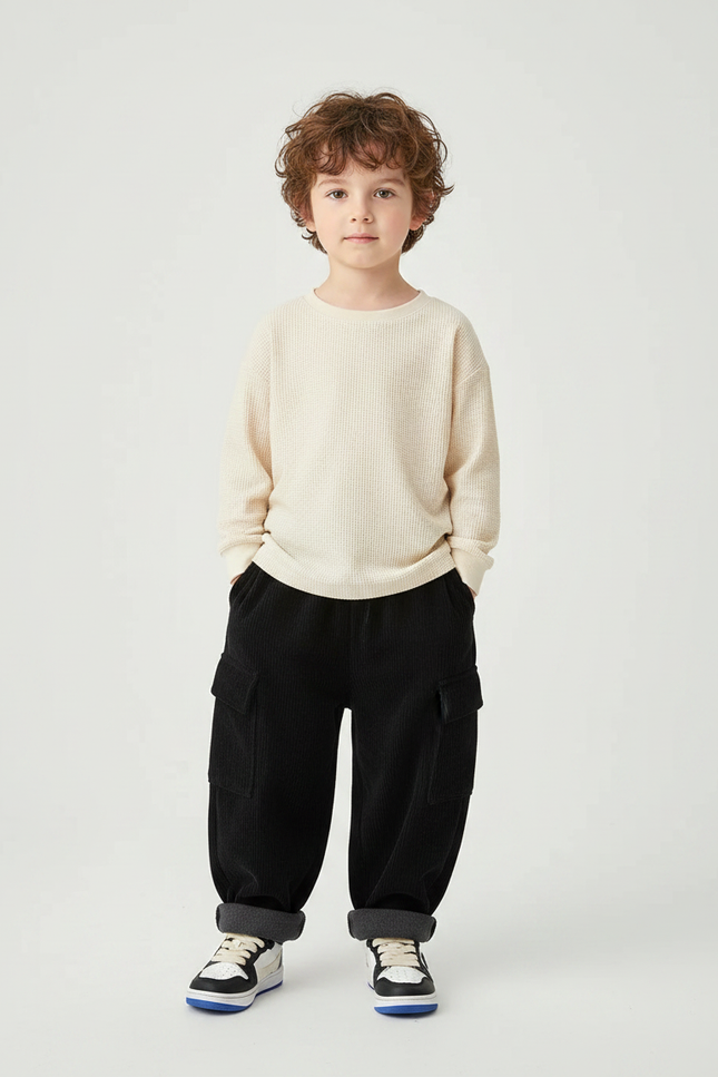 Pantalon Velours Côtelé Noir Ample Enfant Épais