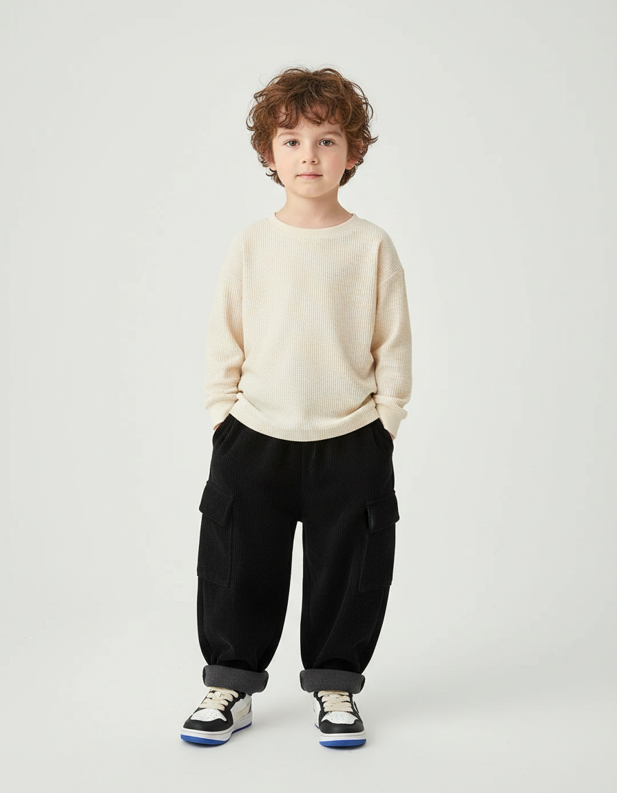 Pantalon Velours Côtelé Noir Ample Enfant Épais