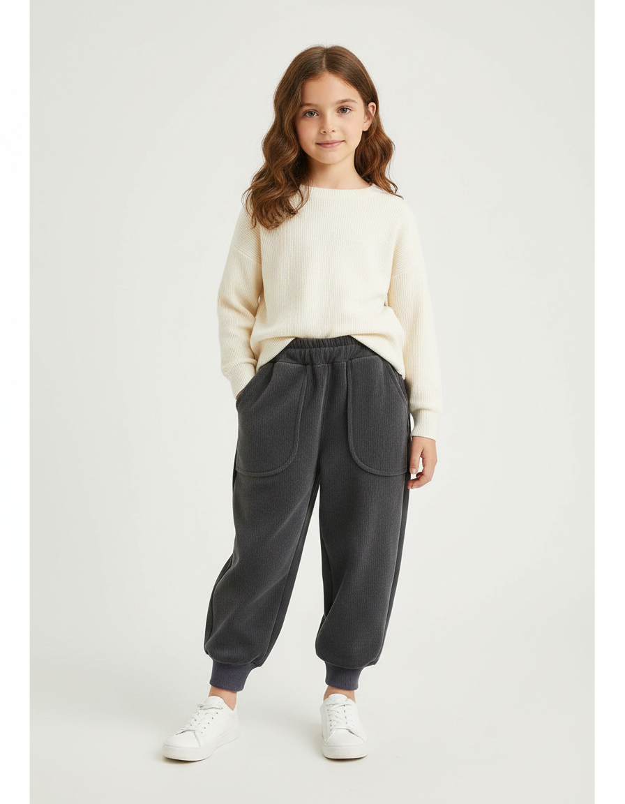 Pantalon Velours Gris Côtelé Ample Décontracté Enfant - Cordé